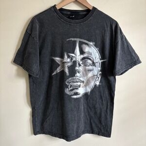Manfinity Mens Washed Black Graphic Tee Metallic Star Face Streetwear Shirt S